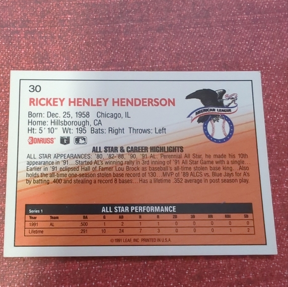 1992 Donruss All-Star Rickey Henderson Oakland Athletics Error Baseball Card #30 - Picture 7 of 7